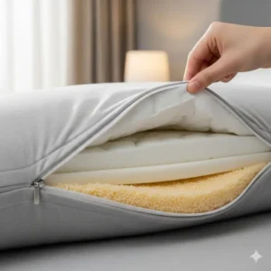 An image showcasing an adjustable pillow with a zipper, revealing different layers of fill material that can be removed to customize the pillow's loft and firmness.