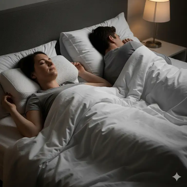 A back sleeper, peacefully asleep in bed with a supportive, contour-shaped pillow, a partner sleeping soundly next to them. best pillow for back sleepers with snoring