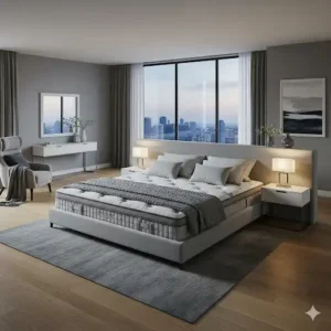 An emperor-size mattress resting on a sturdy wooden bed frame, illustrating the mattress's grandeur and how it fits within a bedroom setting. 