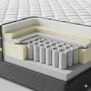 A cross-section view showing the internal comfort and support layers of a European king-size mattress, such as memory foam, latex, or pocket springs. 