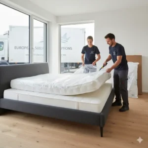 A visual of a new European king-size mattress being delivered and unboxed, showing a professional delivery service in action.