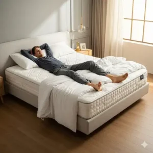 A graphic comparison of a standard king mattress next to a larger emperor mattress to highlight the size difference.