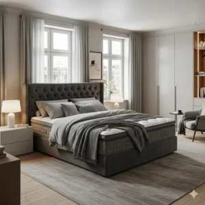 A well-designed bedroom featuring a European king-size mattress as the focal point, showcasing its aesthetic contribution to the room's decor. 