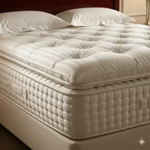 Delivery personnel carefully bringing a rolled or folded emperor mattress into a bedroom.