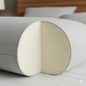 A close-up shot of a firm memory foam pillow with a cutaway view showing its dense, supportive structure.