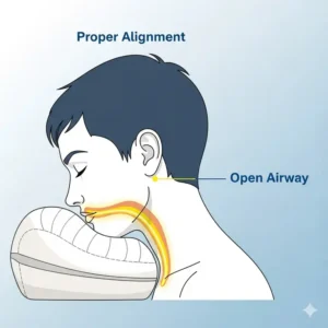 A side-view illustration of a person's head and neck, showing proper alignment on a contoured pillow, which helps open the airway. 