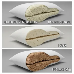 A collage or grid showing various pillow materials—like shredded memory foam, latex, and buckwheat—that offer a good balance of support and comfort for back sleepers who snore.