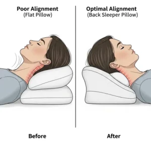 A before-and-after graphic showing poor head and neck posture on a flat pillow versus optimal alignment on a specialized back sleeper pillow. 