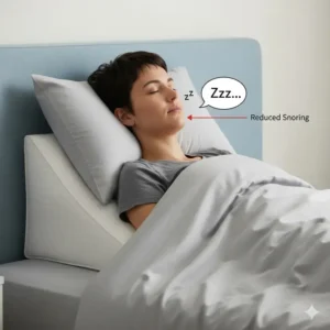 A person propped up on a wedge pillow, illustrating how an elevated sleeping position can reduce snoring.