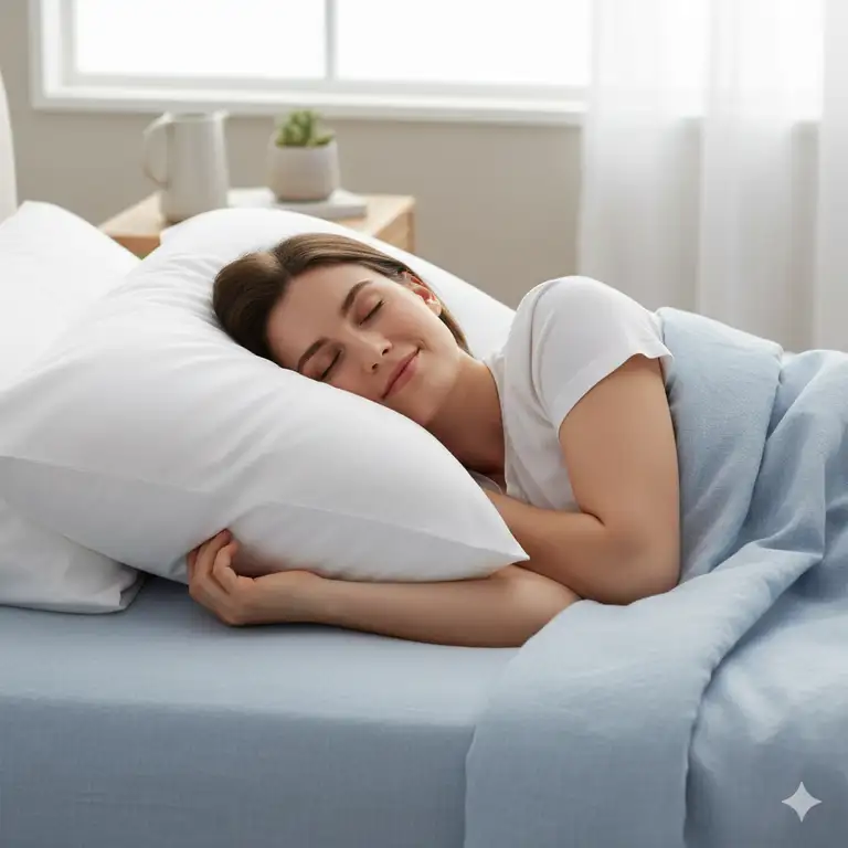 Woman sleeping on her back on the best feather pillow for back sleepers, showing comfortable posture.