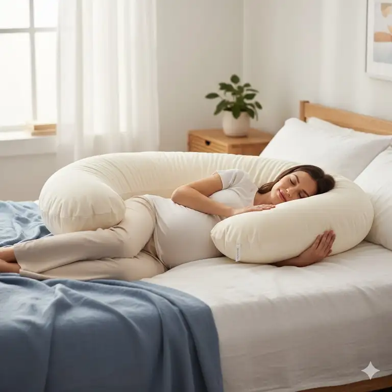Full-body pillow supporting a pregnant woman sleeping on her side to relieve discomfort, confirming it as the best maternity pillow for hip pain.