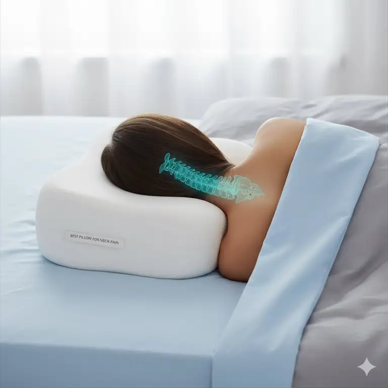 A close-up showing the best pillow for herniated disc neck with an ergonomic contour supporting a person's head and cervical spine alignment during sleep.