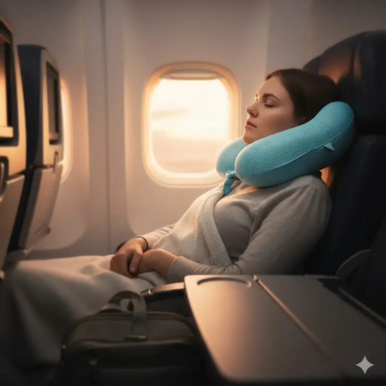 Comfortable woman using a cooling travel pillow compact size during a flight.