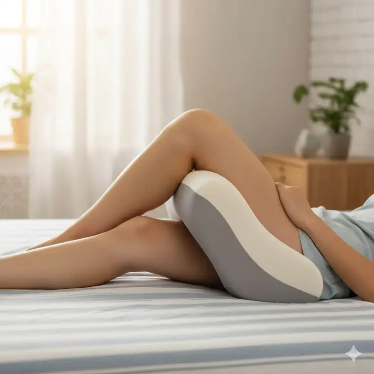 A contoured leg pillow for sciatica pain relief and improved spinal alignment while side sleeping.