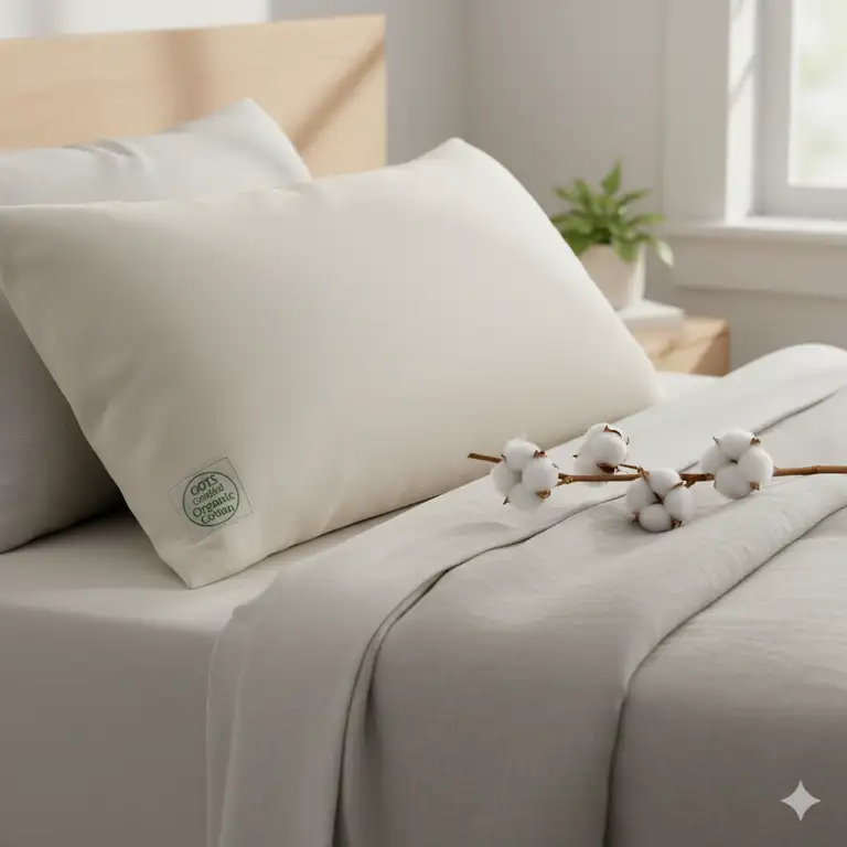 Luxurious organic cotton pillow eco friendly product shot on a neatly made bed.