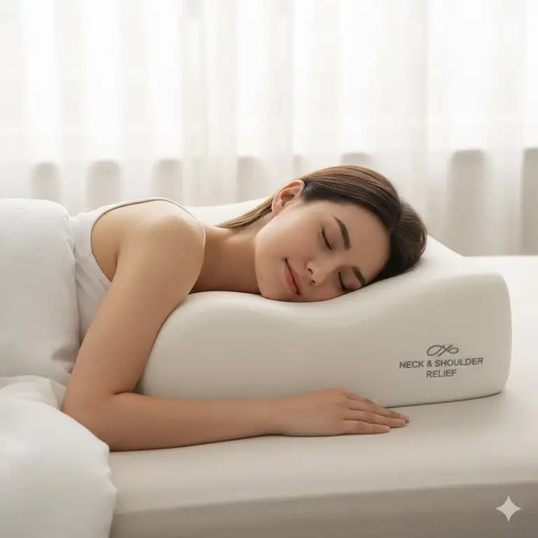 This ergonomic orthopedic pillow for neck and shoulder pain supports the sleeper’s head and maintains perfect spinal alignment.