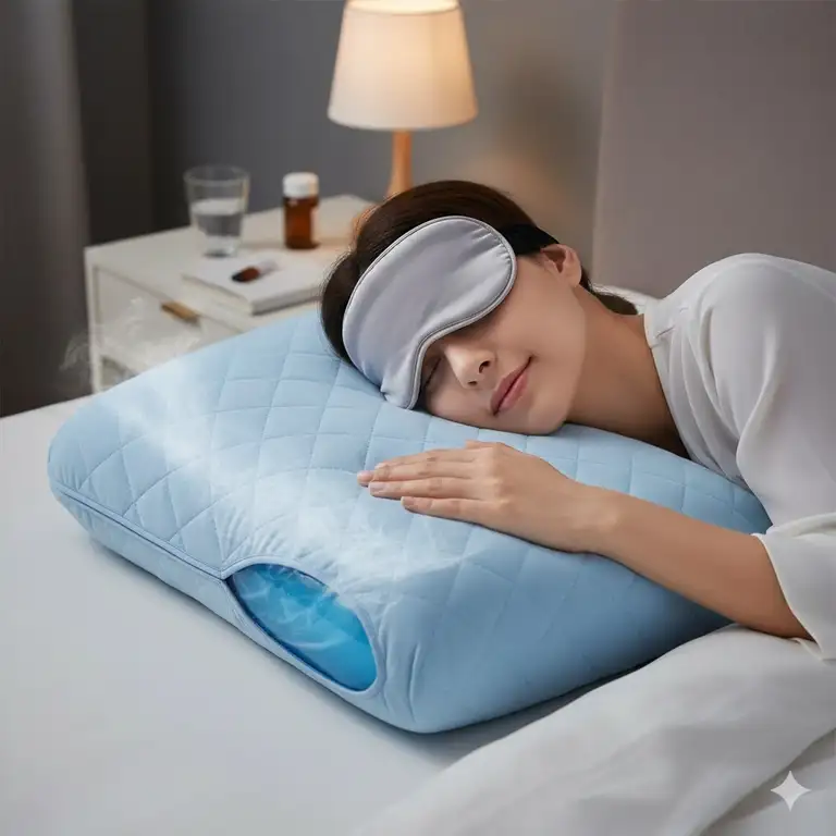 A soothing light-blue pillow for migraine sufferers cooling the head for immediate comfort.