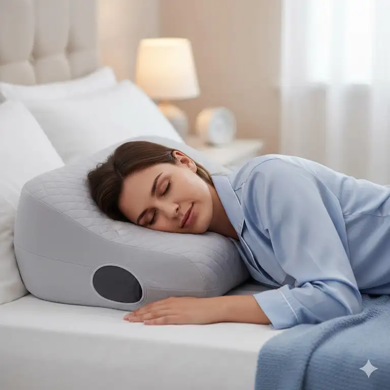Ergonomic pillow for sleep apnea side sleeping supporting a person's head and neck. (Featured Image)