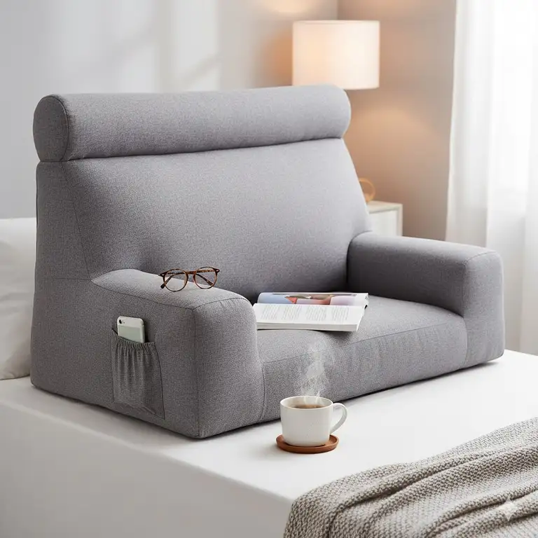 Comfortable gray reading pillow with arm support, great for reading in bed.