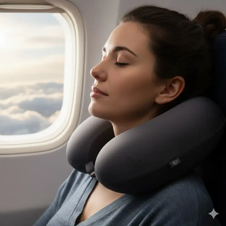 A close-up shot of a dark gray travel neck pillow airplane memory foam perfectly supporting a person's neck in a comfortable airplane window seat.