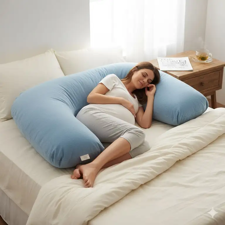 A cozy, full-body u-shaped pregnancy pillow reviews on a bed, illustrating its supportive design for expecting mothers. (Featured Image)