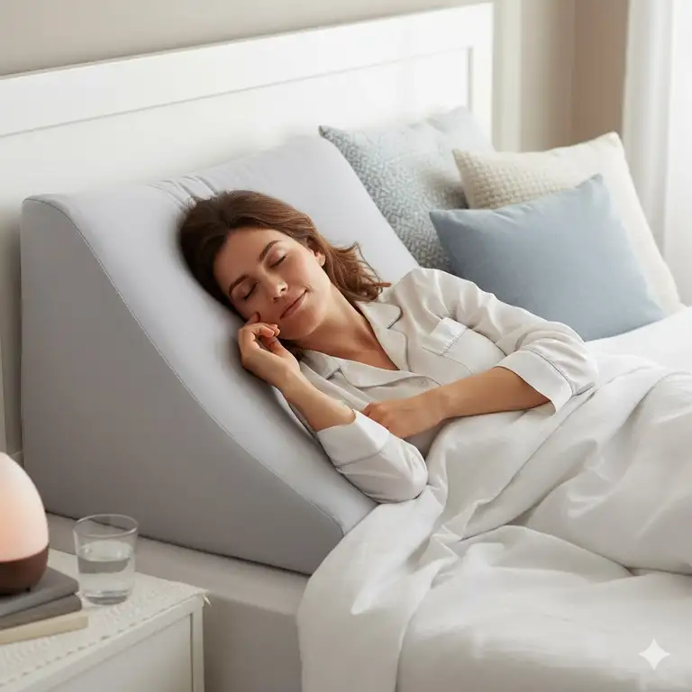 A comfortable setup with a wedge pillow for acid reflux relief and peaceful sleep.