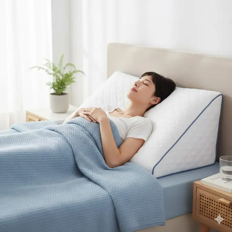 Wedge pillow for snoring prevention in use on a bed, showing the elevated head and torso position designed for better breathing.