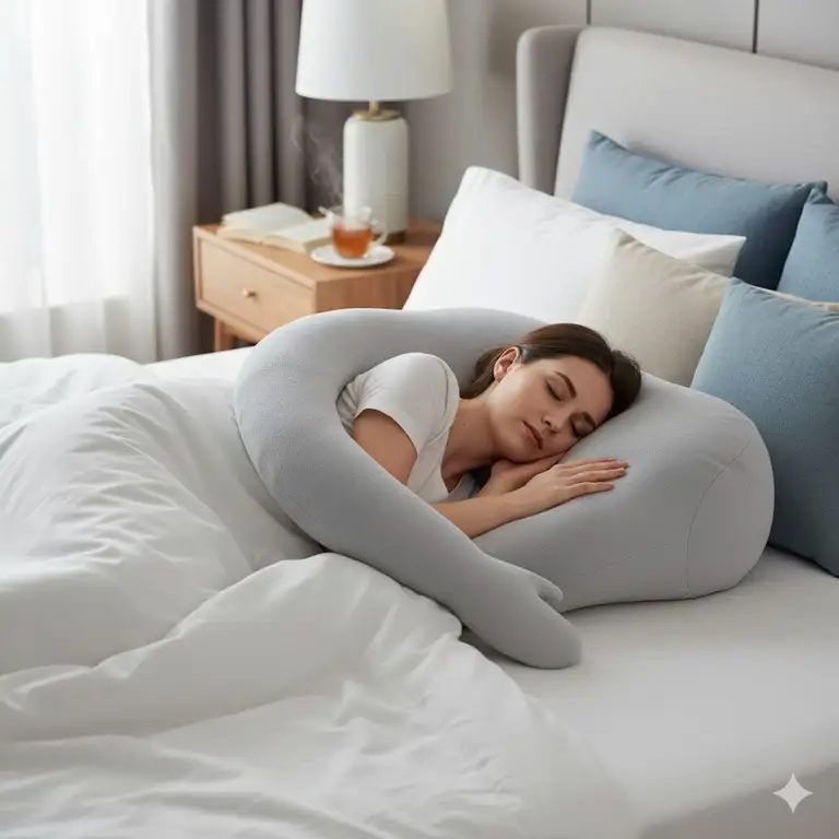 Woman sleeping comfortably, supported by a boyfriend pillow for back support.