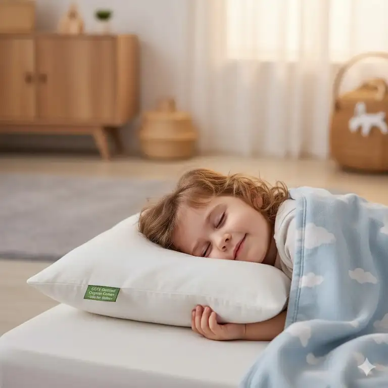 A happy toddler sleeping soundly with an organic cotton pillow, highlighting its toddler pillow organic cotton safe design for young children.