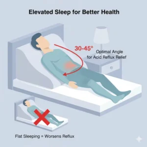 Diagram showing the optimal elevated sleeping angle provided by a wedge pillow for acid reflux relief. 