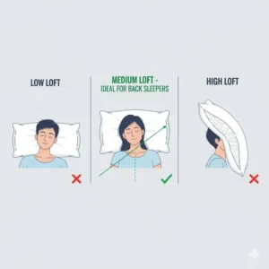 Diagram comparing pillow loft levels, highlighting the medium loft ideal for the best feather pillow for back sleepers. 