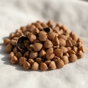Close-up of buckwheat hulls, the natural and adjustable filling in the pillow. 