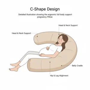 Detailed illustration showing the ergonomic C-shape design of the full body support pregnancy pillow.