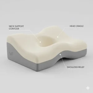 Detailed contour design of a cervical pillow for neck pain relief and spinal support.