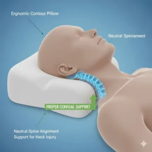 A diagram illustrating how an ergonomic contour pillow provides proper cervical spine support for a neck injury.