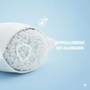 Detail showing the ultra-clean, hypoallergenic fiber filling inside the kids pillow hypoallergenic washable cover, safe for sensitive skin.