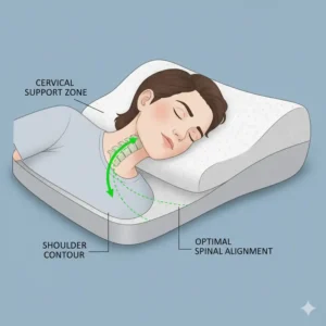 Close-up diagram showing how the contoured design of the orthopedic pillow for neck and shoulder pain ensures proper cervical alignment.