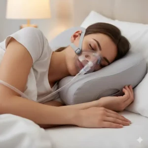 Close-up of a side sleeper using a CPAP pillow for sleep apnea side sleeping with cutouts to accommodate the mask and hose. (Illustration 1)