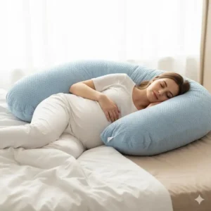 An expectant mother comfortably sleeping on her side, fully supported by a large u-shaped pregnancy pillow reviews, enhancing comfort during pregnancy. (Illustration 1)