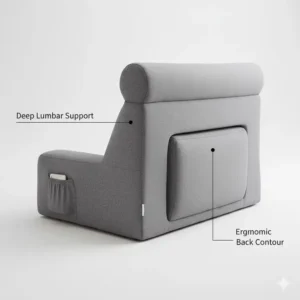 Ergonomic design of a reading pillow with arm support showing deep lumbar support.