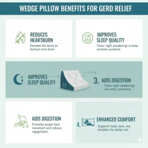 Infographic detailing the key health benefits of using a wedge pillow for acid reflux relief and GERD. 