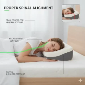 Diagram showing optimal neck alignment using a cervical pillow for neck pain relief while sleeping.