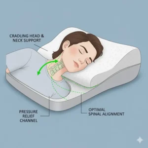 Illustration demonstrating the pressure relief mechanism of the orthopedic pillow for neck and shoulder pain for comfortable side sleepers.