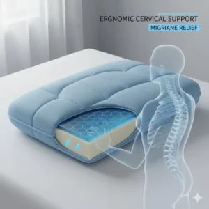 Ergonomic design of the specialized pillow for migraine sufferers cooling the neck and offering proper support. 