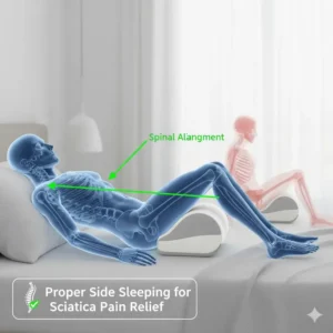 Diagram showing how the leg pillow for sciatica pain relief keeps the spine, hips, and knees naturally aligned during sleep.