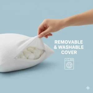 Image of a hand easily unzipping and removing the kids pillow hypoallergenic washable cover for cleaning.