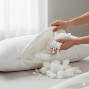 A person's hands removing foam from a shredded memory foam pillow adjustable loft for customized comfort. 