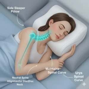 An illustration of a person sleeping on their side with a specialized side sleeper pillow that maintains neutral alignment for a neck with a herniated disc.