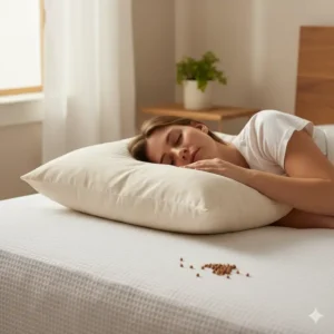 Woman sleeping comfortably, showing proper neck support from the buckwheat pillow. 