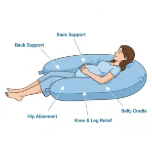 Close-up diagram showing how a u-shaped pregnancy pillow reviews provides simultaneous support to the pregnant belly, back, hips, and knees. (Illustration 2)